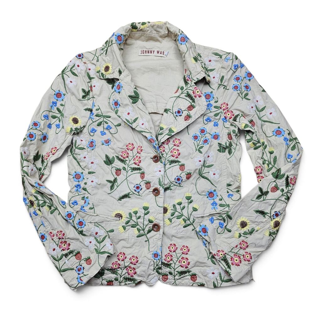 JOHNNY WAS Floral Chore Jacket Women's M Embroidered Boho Cottagecore Utility